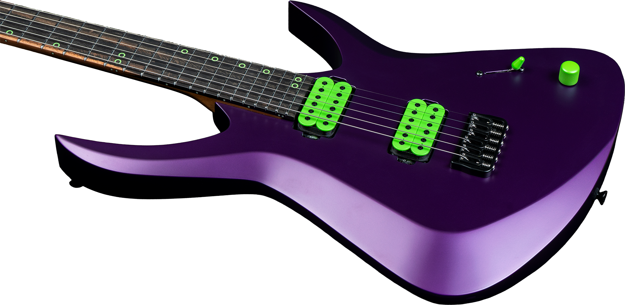 Antares 6-string in matte purple with neon green pickups and flush-mount jack